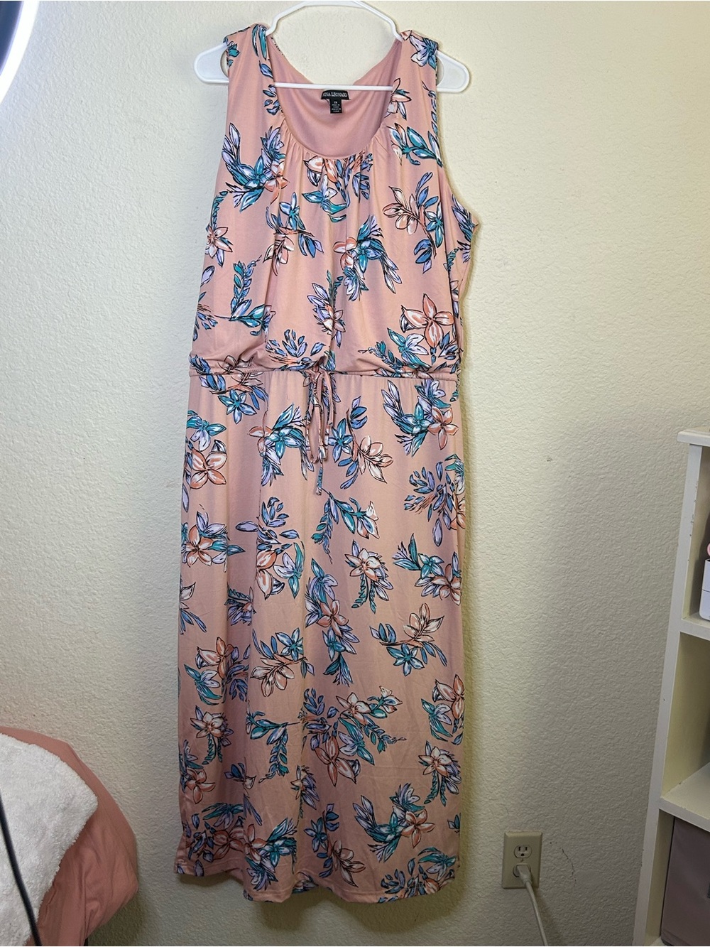 Nina Lenoard Light Pink Floral Maxi Dress Blue Accents Plus Size 2X Summer